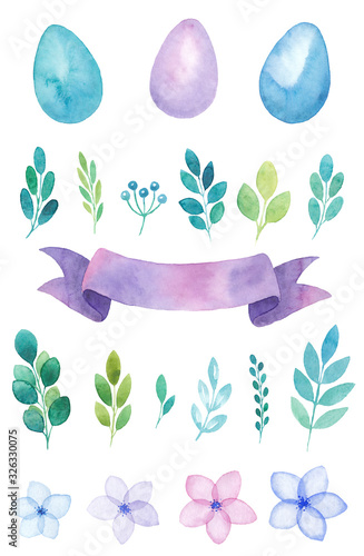Happy Easter watercolor set of elements, colorful eggs, flowers and twigs, purple ribbon banner, greetings card, isolated on white 