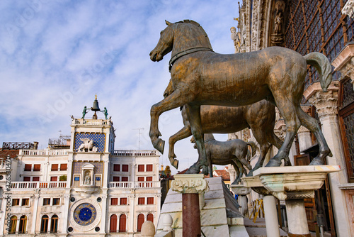 The Horses of Saint Mark  Triumphal Quadriga   four bronze statues of horses on the facade of St Mark s Basilica in Venice  Italy