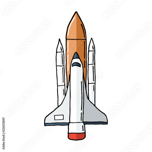 Hand drawn space shuttle isolated on white background. Rocket ship doodle. Vector illustration.