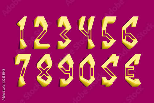 Volumetric yellow numbers and currency signs. 3d display font in freaky style.