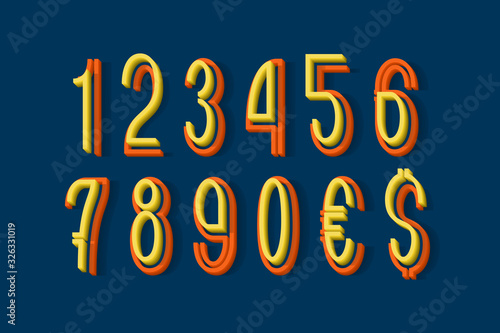 Volumetric orange yellow split-level numbers and currency signs. 3d display font.