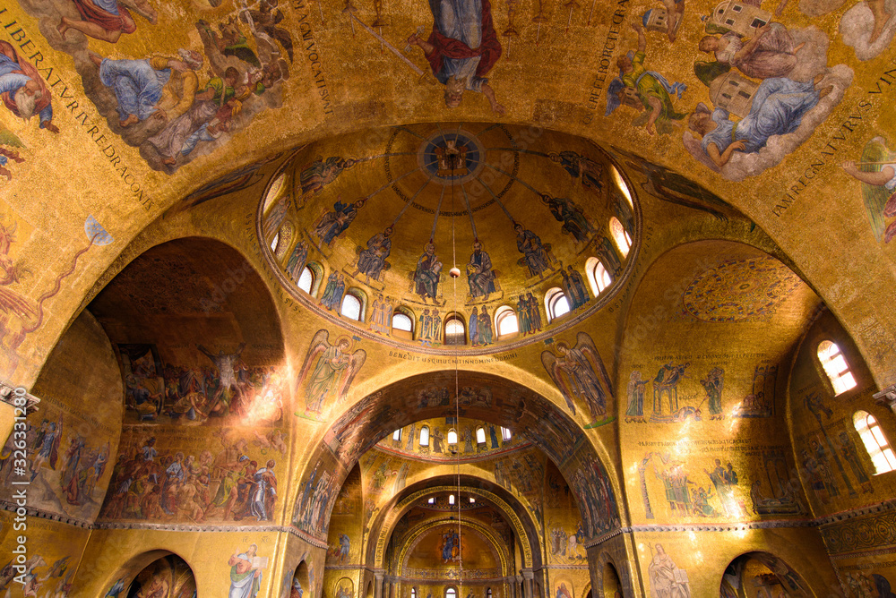 The mosaic decoration art of the interior of St Mark's Basilica, the cathedral church of Venice, Italy