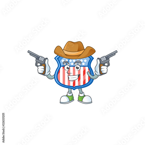 The brave of shield badges USA Cowboy cartoon character holding guns