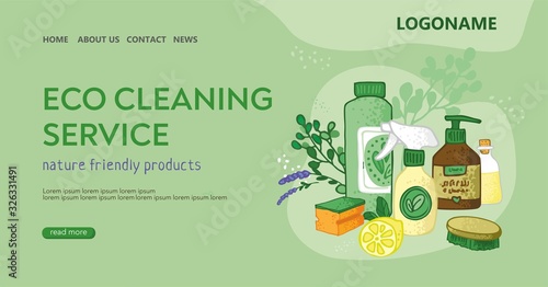Template for the landing page for the eco cleaning service. Bottles, soap, spray, soda, brushes on an abstract cloud. Banner for non-toxic house cleaning. Concept of green home. Vector illustratration