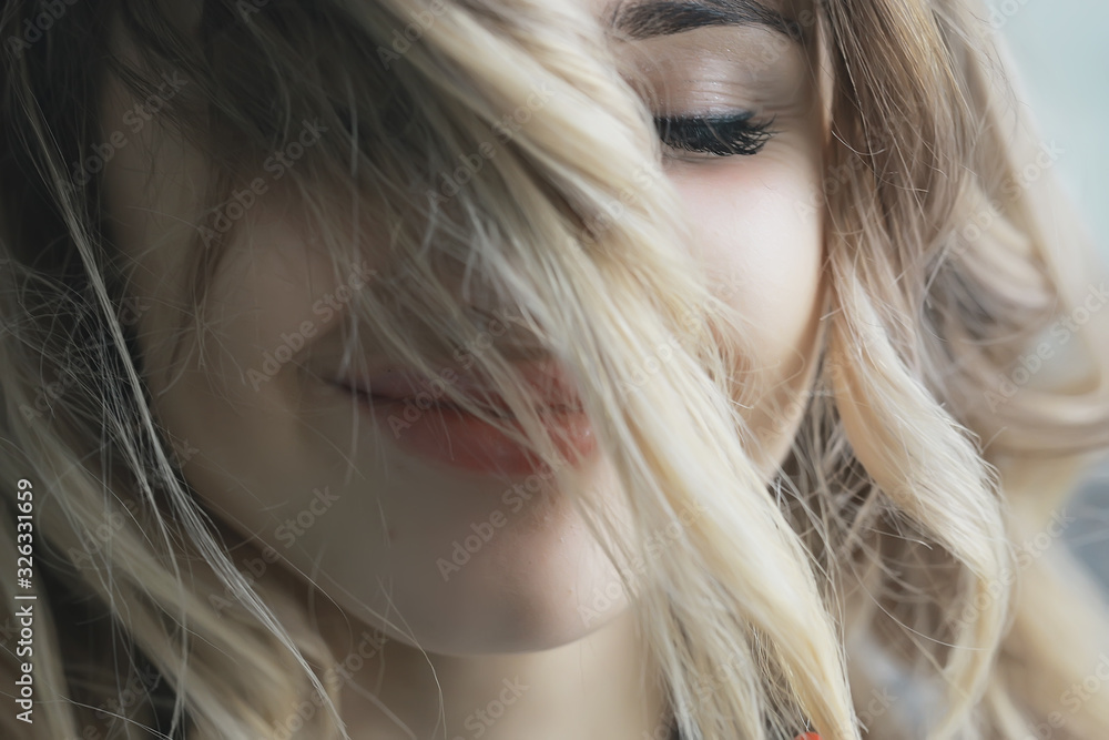 blonde make-up hair style / beautiful young adult model, spring look blonde make-up hair style / beautiful young adult model, spring look