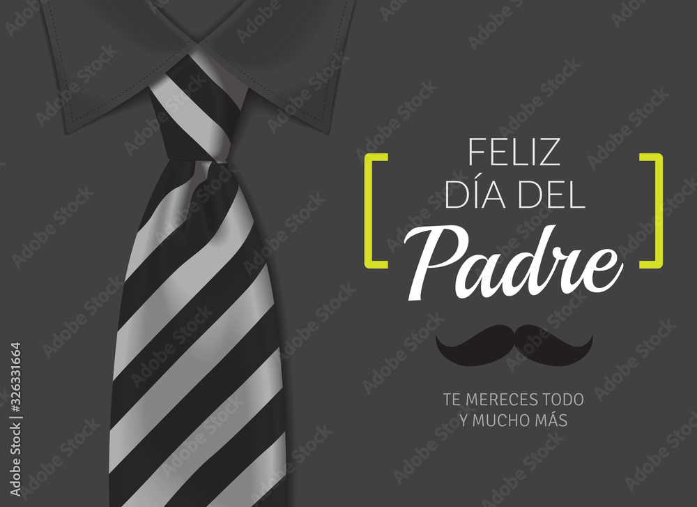 Tarjeta del día del padre con texto caligráfico, corbata en blancos y negros y camisa negra. - obrazy, fototapety, plakaty 