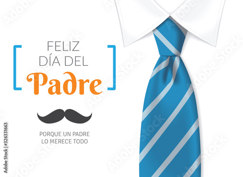 Tarjeta del día del padre con texto caligráfico, corbata azul y camisa blanca.