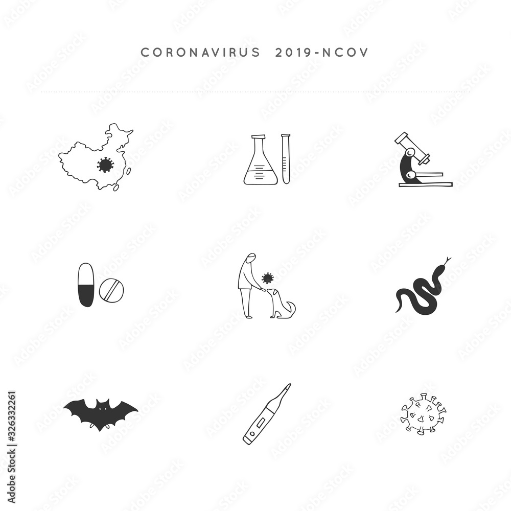 Vector hand drawn icon set. Wuhan coronavirus 2019-nCoV. Dangerous chinese disease. Vector hand drawn icon set. Wuhan coronavirus 2019-nCoV. Dangerous chinese disease.