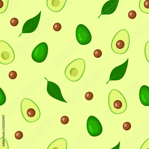vector avocado seamless pattern on yellow background, half avocado with seed, no seed, avocado core. for packaging, for cover, for fabric. background