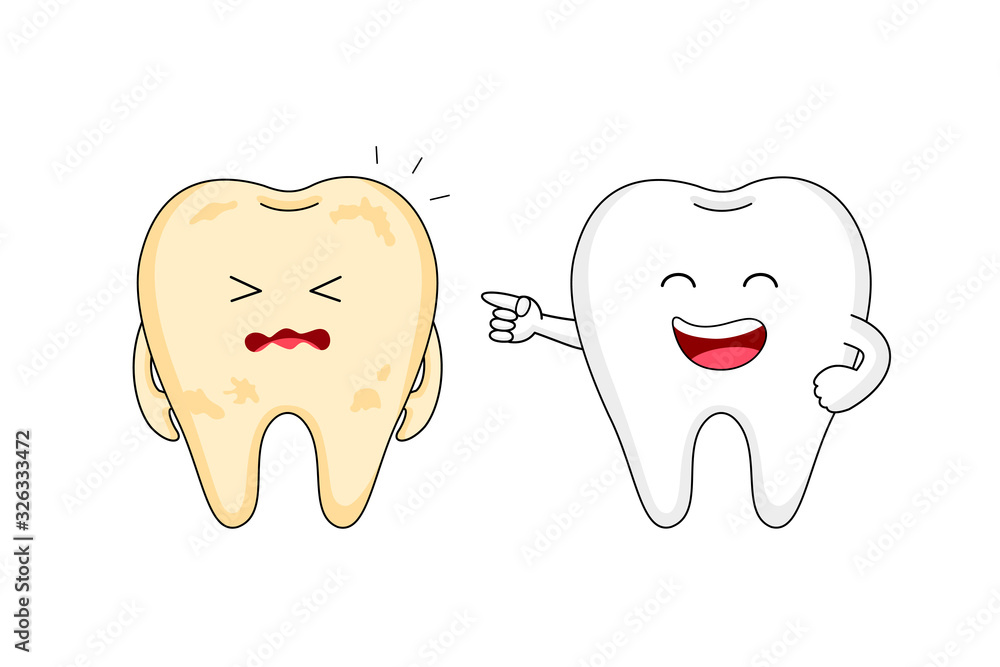 Cute cartoon tooth character Laughing. Whitening and yellow teeth
