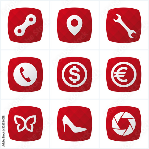 Vector abstract red round icon set: bike, tourist, service, phone, dollar, euro, butterfly, fashion, photography. Isolated on white background