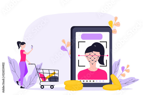 Face payment. Smartphone scans woman face, woman use facial recognition application to login to system to buy. Payment using Face Recognition. Biometric Identification Concept. Ultraviolet flat vector