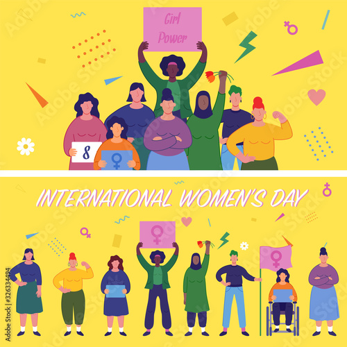 International women's day. Women of different cultures and nationalities fight for freedom and equality. Women's day concept. Vector