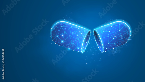 Opened medical capsule. Antibiotic or probiotic pill, illness treatment or prophylactic. Low poly, wireframe 3d vector illustration. Abstract, polygonal image on blue neon background photo