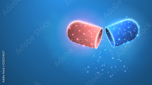 Opened medical capsule. Antibiotic or probiotic pill, illness treatment or prophylactic. Low poly, wireframe 3d vector illustration. Abstract, polygonal image on blue neon background