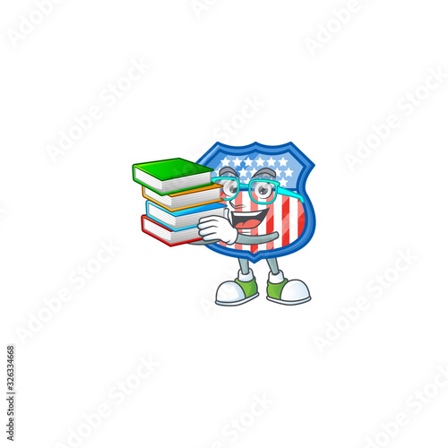 A brainy clever cartoon character of shield badges USA studying with some books