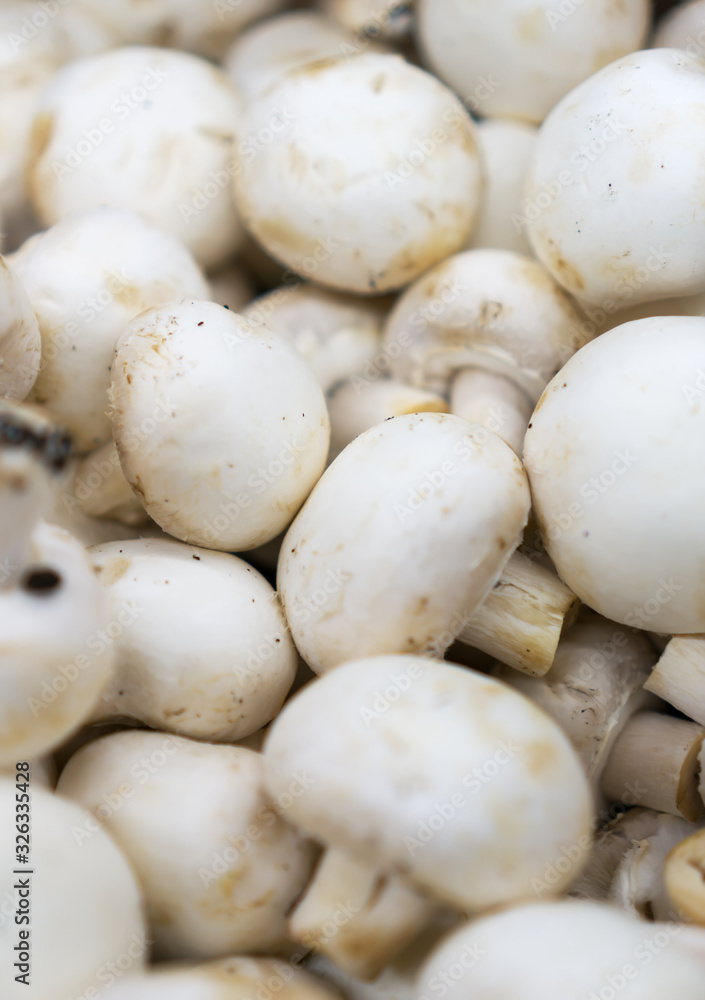 Close-up view of organic champignons in supermarket.