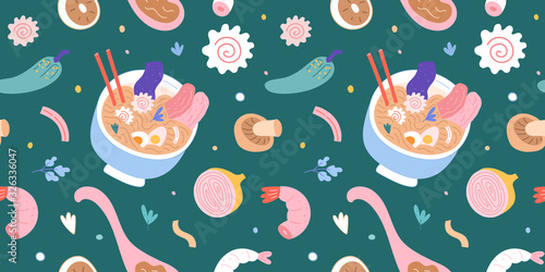 Ramen noodle soup flying background, japanese food, narutimaki, egg and bowl with chopsticks, colorful ornament for ramen shop, menu or wall print. seamless vector pattern