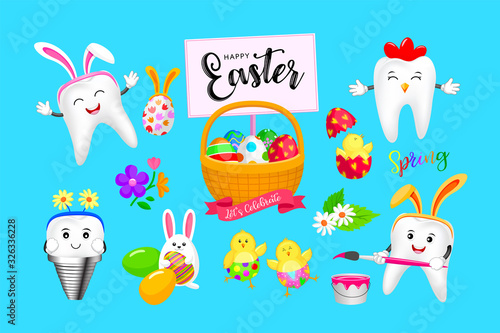 Funny cartoon tooth character set with Easter element. Dental care concept. Happy Easter day, illustration isolated on blue background.