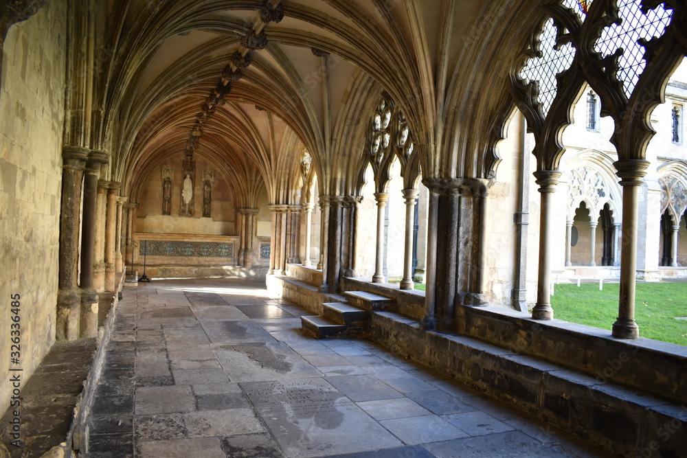Inside the cloisters of Norwich Cathedral, in Norfolk, England, UK