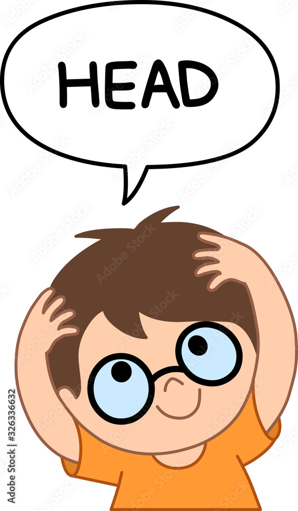 Young kid boy with eyeglasses holding and saying head in a speech bubble. Illustration from naming face and body parts serious.