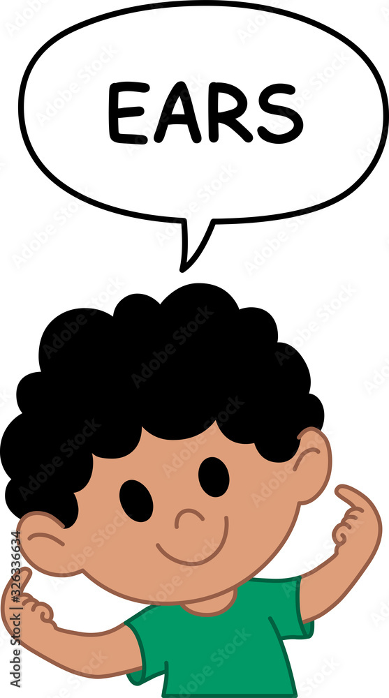 Young kid boy pointing to and saying ears in a speech bubble. Illustration from naming face and body parts serious. Young kid boy pointing to and saying ears in a speech bubble. Illustration from naming face and body parts serious.