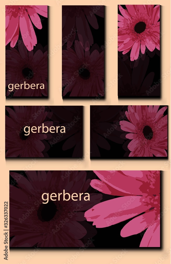 Obraz premium Set of templates with pink daisies on a dark background.
