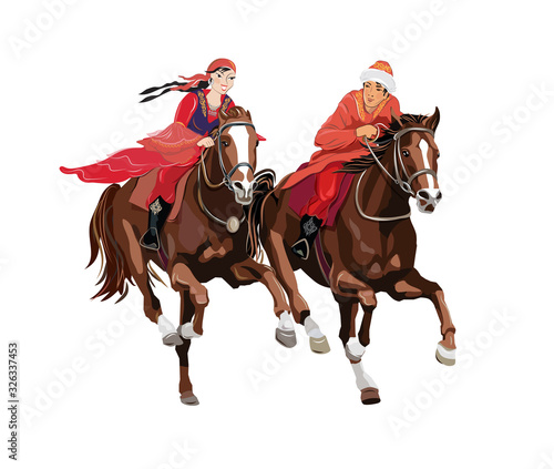 Man and woman are riding a horse isolated on a white background. New Year's Day Nauryz. Fairy tale. Vector illustration.