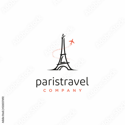 Paris eiffel tower with plane for travel logo design