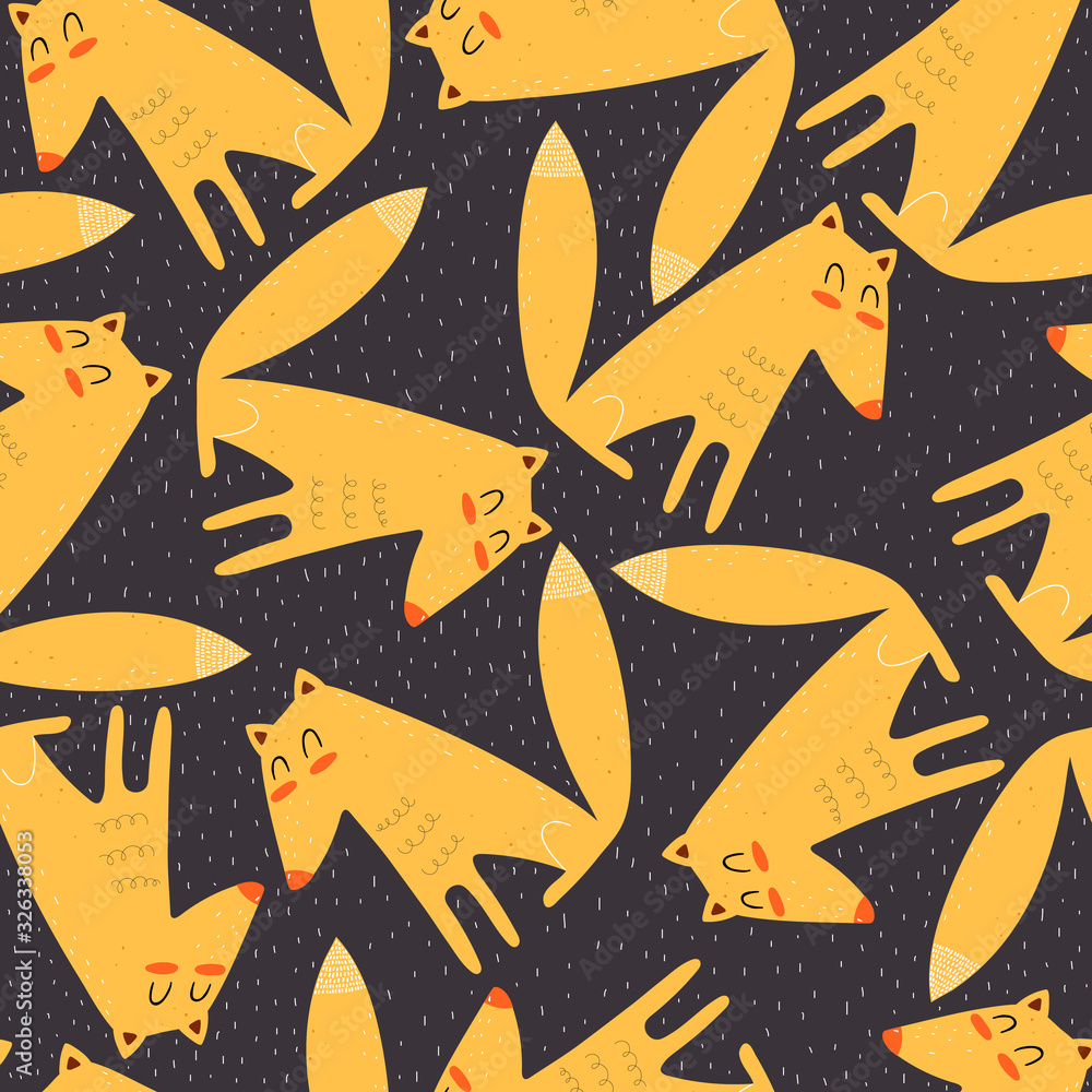 Seamless pattern with cartoon foxes, decor elements on a neutral background. colorful vector for kids, flat style. hand drawing. animals. Baby design for fabric, textile, print, wrapper.
