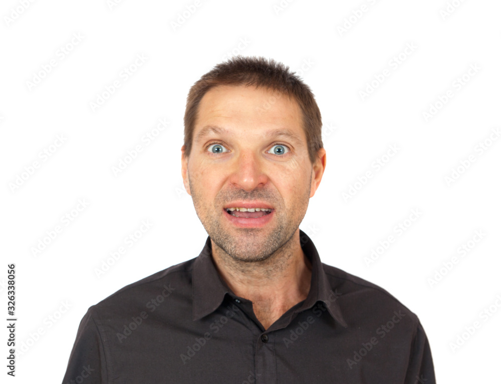 Scared man portrait isolated on white. Fear emotion concept Scared man portrait isolated on white. Fear emotion concept