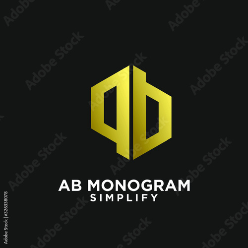 gold ab, ba, a b initial monogram hexagon letter black logo design with black background