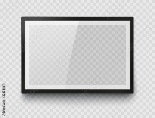 Frame mockup template isolated on transparent wall background. Realistic blank horizontal picture or photograph border. Vector glass black photoframe for interior artwork design..