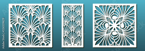 Laser cut pamels template, vector set. Abstract geometric pattern. Stencils, die for metal cutting, paper art, fretwork, wood carving, card background, wall panel design.