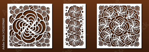 Laser cut templates for panel decor. Abstract geometric pattern, floral design. Set for metal cutting, paper art or fretwork. Vector illustration