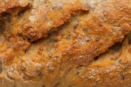 Close-up of bread crust with seeds