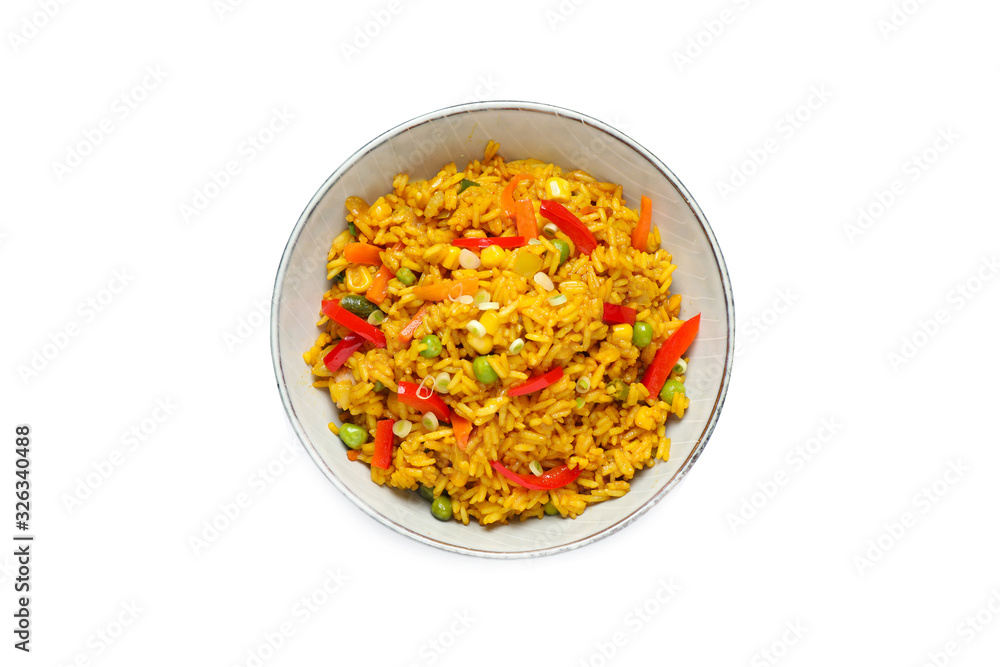 Delicious rice pilaf with vegetables isolated on white, top view Delicious rice pilaf with vegetables isolated on white, top view