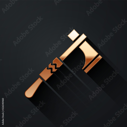 Gold Native american tomahawk axe icon isolated on black background. Long shadow style. Vector Illustration