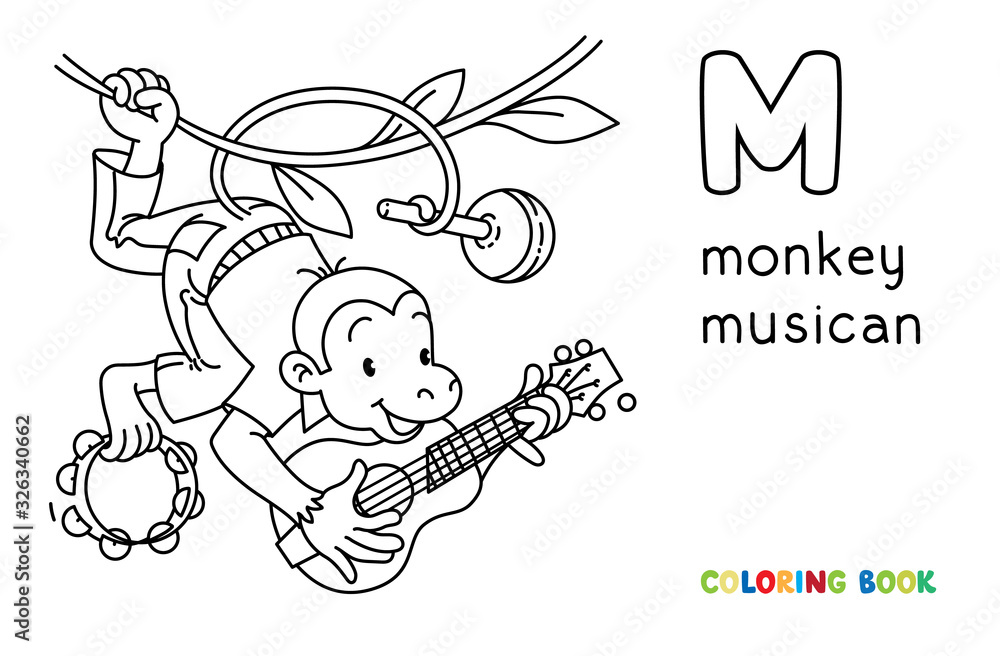 Monkey musician ABC coloring book. Alphabet M Monkey musician ABC coloring book. Alphabet M