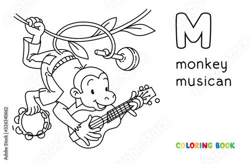Monkey musician ABC coloring book. Alphabet M