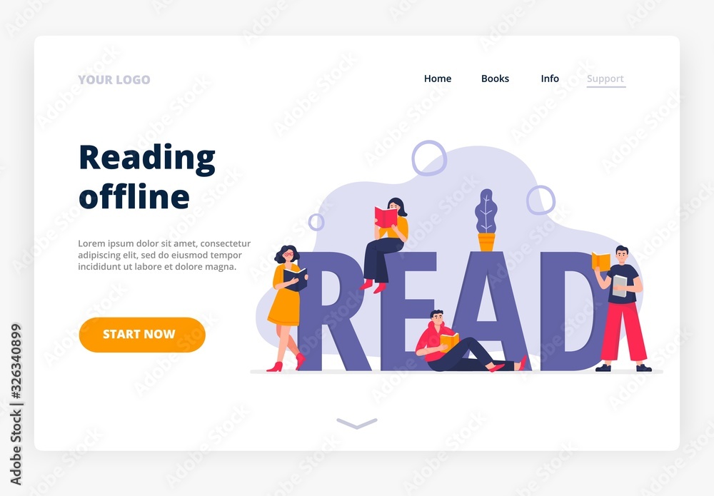 Landing page template of the Offline Reading theme. Modern flat vector illustration with people reading books. Good for libraries, book fairs, stores or schools