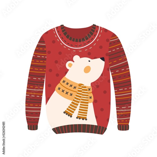 Comfortable red handmade Christmas sweater with cute white bear image isolated