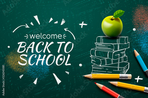 Welcome Back to School web banner, apple, pencils, doodle on chalkboard background, vector illustration.