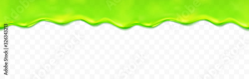 Slime drip seamless pattern isolated on transparent background. Green realistic melt syrup border. Vector sticky halloween liquid template..