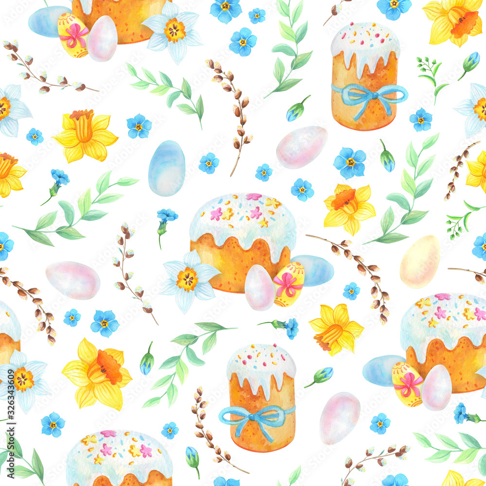 Easter seamless pattern.Spring flowers,eggs,cake. Watercolor holiday illustration with chicken,willow,Narcissus,