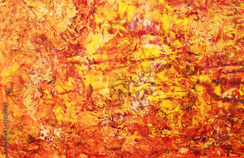 Oil paint red yellow golden colour abstract background. Palette knife paint texture. Art concept.