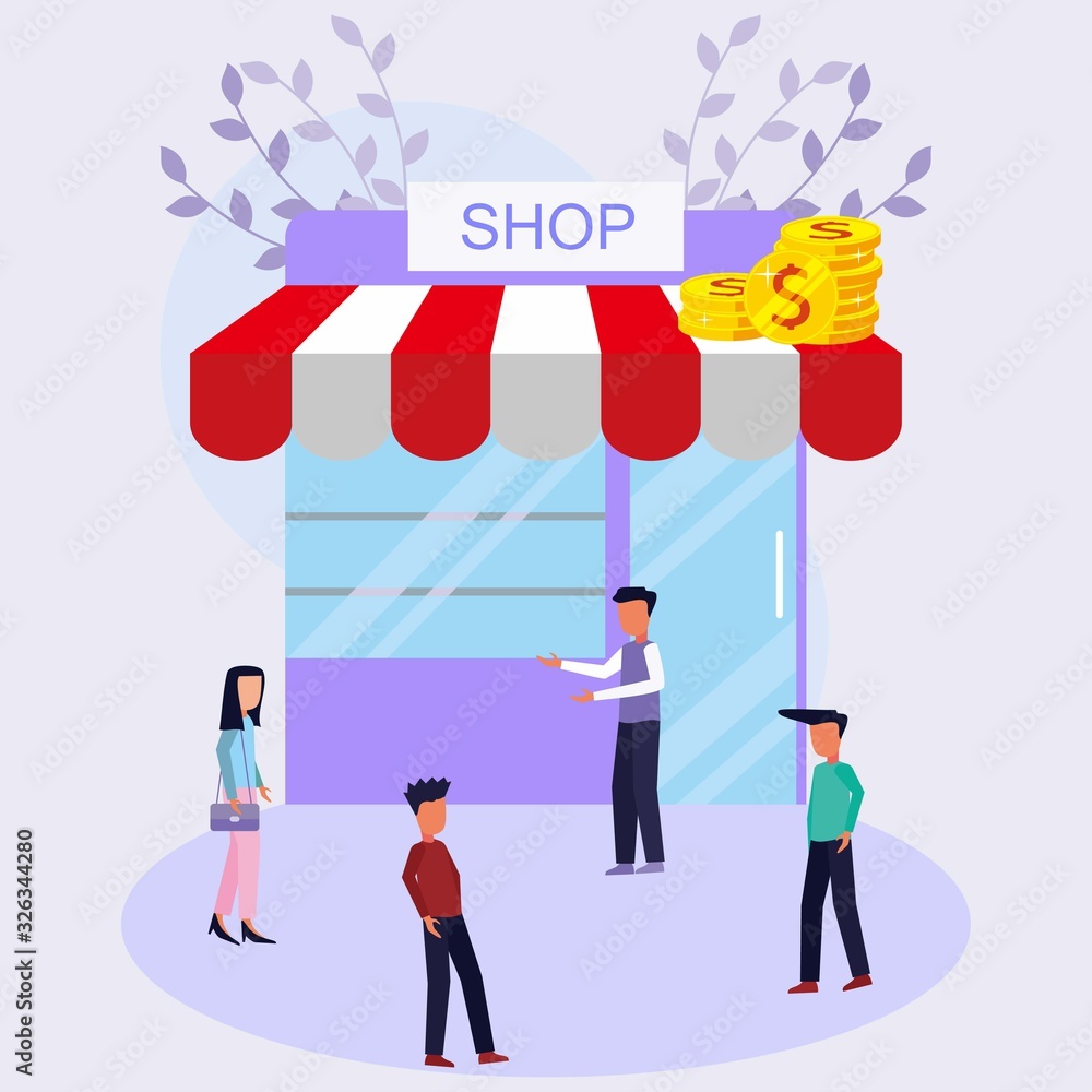 Successful entrepreneurs with loyal customers. Open a store in the morning. Modern vector illustration Successful entrepreneurs with loyal customers. Open a store in the morning. Modern vector illustration