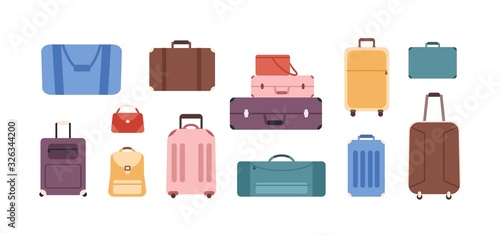 Cartoon colored baggage bag set isolated on white background. Different plastic, metal and leather luggage vector flat illustration. Various travel suitcase, business bags and backpack