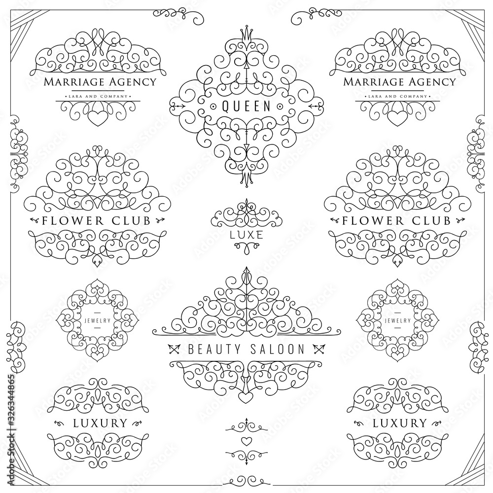 Collection of templates. Flourishes calligraphic ornaments and frames. Good for logos, books, jewelry, badges, postcard, banners, signes Vector illustration Collection of templates. Flourishes calligraphic ornaments and frames. Good for logos, books, jewelry, badges, postcard, banners, signes Vector illustration