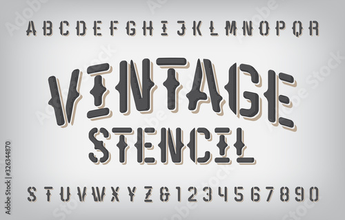 Vintage Stencil alphabet font. Old letters and numbers. Stock vector typeface for your typography design.
